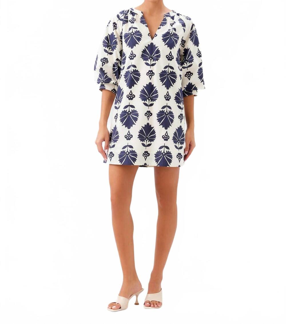 NEW FIFTEEN TWENTY women's brianne lantern sleeve dress in white navy print